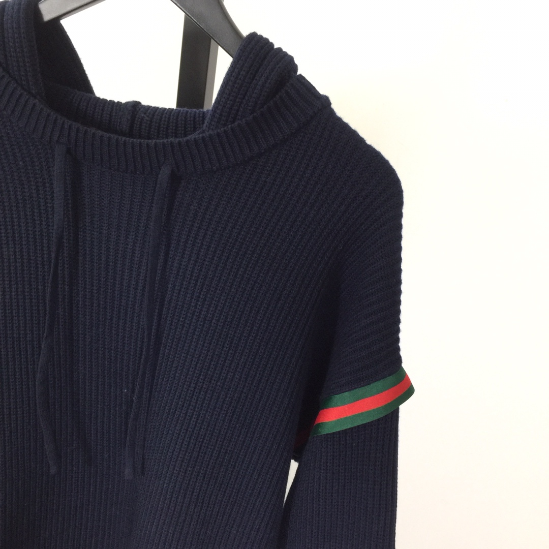 Gucci Web-stripe Ribbed Hoodie In Blue - EUR FASHION