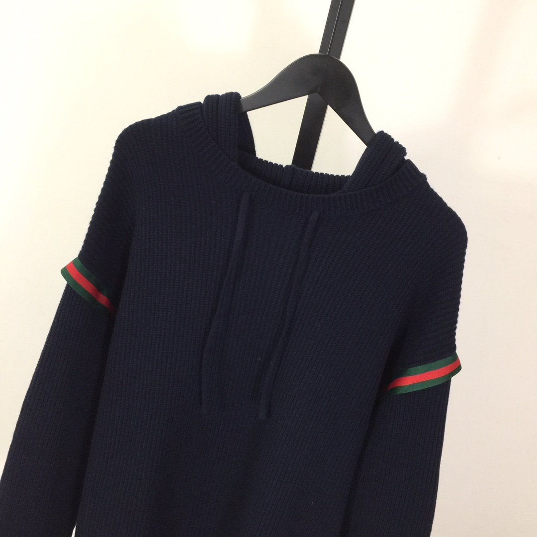 Gucci Web-stripe Ribbed Hoodie In Blue - EUR FASHION