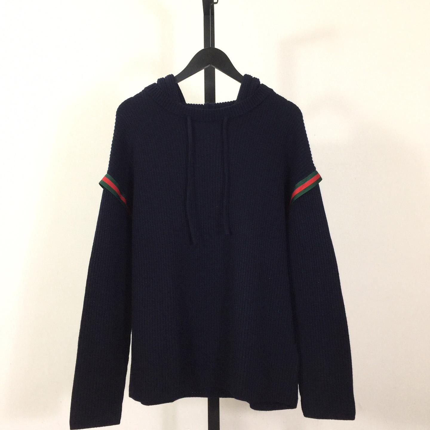 Gucci Web-stripe Ribbed Hoodie In Blue - EUR FASHION