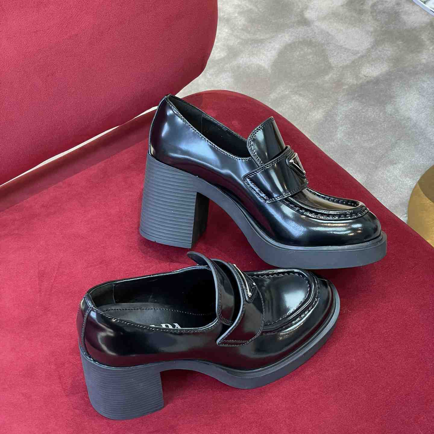 Prada Chocolate High-Heeled Brushed Leather Loafers   - EUR FASHION