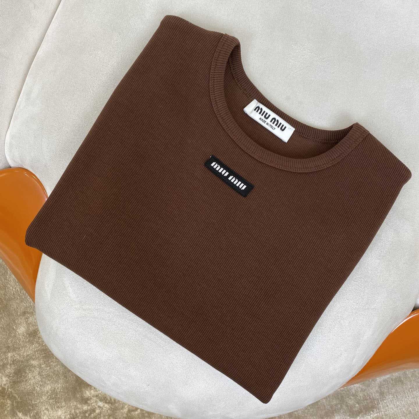 Miu Miu Brown Ribbed Cropped T-Shirt - EUR FASHION