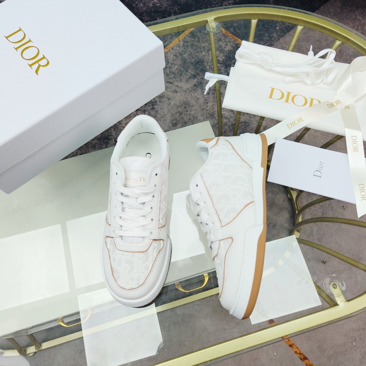 Dior One White and Nude Dior Oblique Perforated Calfskin Sneaker  - EUR FASHION