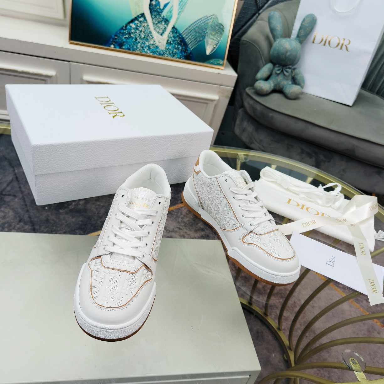 Dior One White and Nude Dior Oblique Perforated Calfskin Sneaker  - EUR FASHION