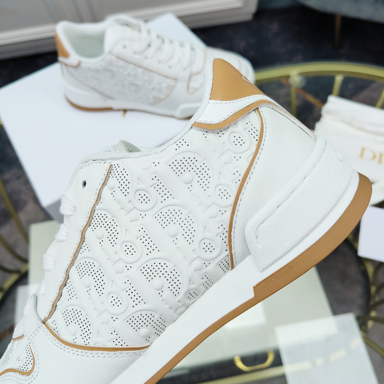 Dior One White and Nude Dior Oblique Perforated Calfskin Sneaker  - EUR FASHION