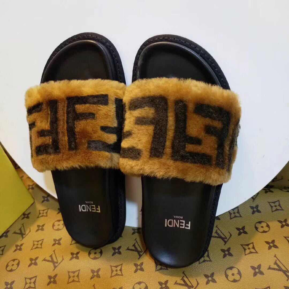 Fendi Brown Leather And Sheepskin Slides - EUR FASHION