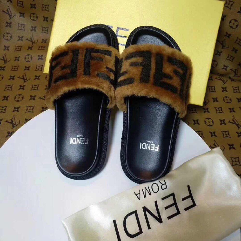 Fendi Brown Leather And Sheepskin Slides - EUR FASHION