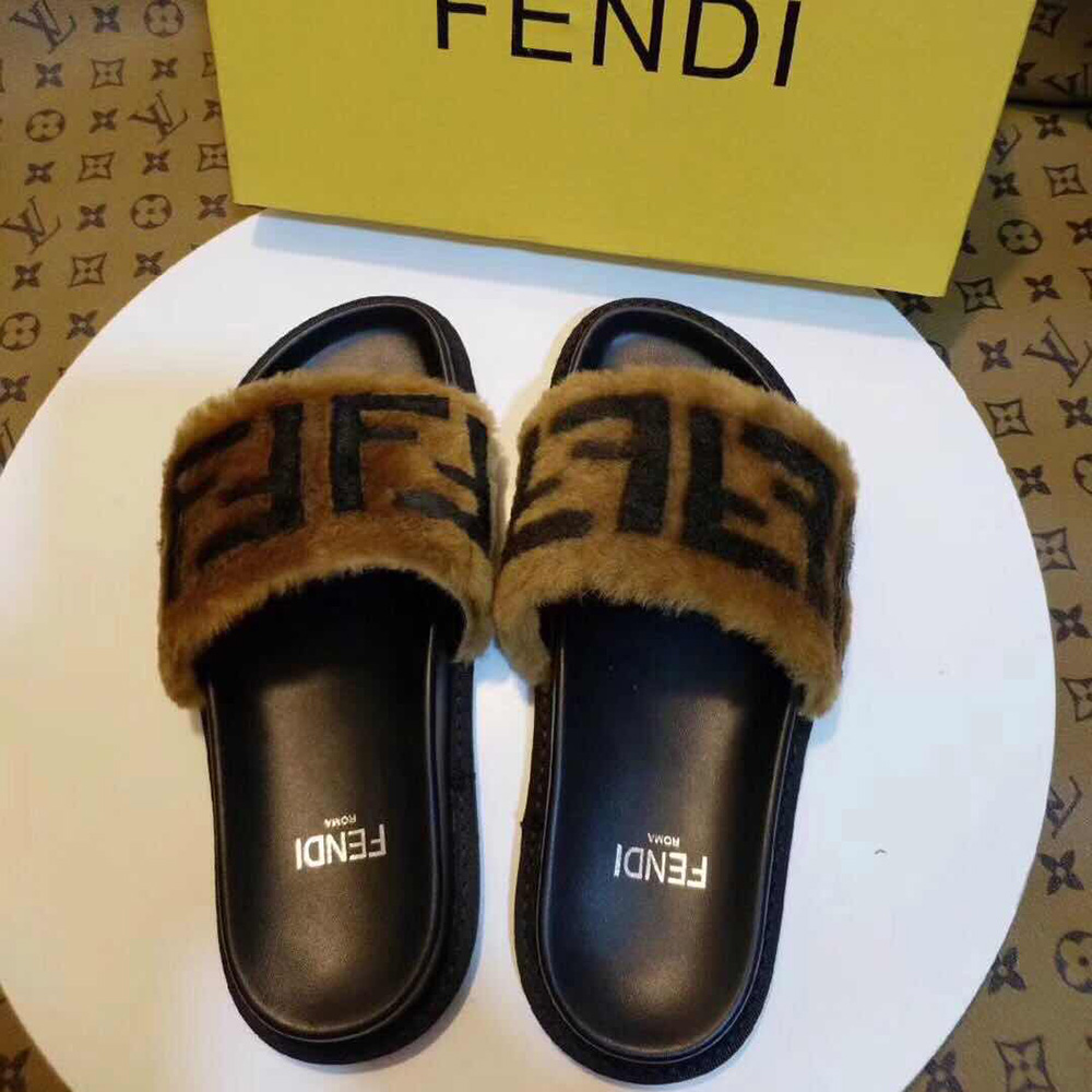 Fendi Brown Leather And Sheepskin Slides - EUR FASHION