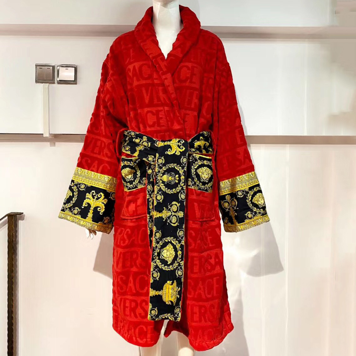 Versace Baroque Logo Jacquard Red Bathrobe - EUR FASHION