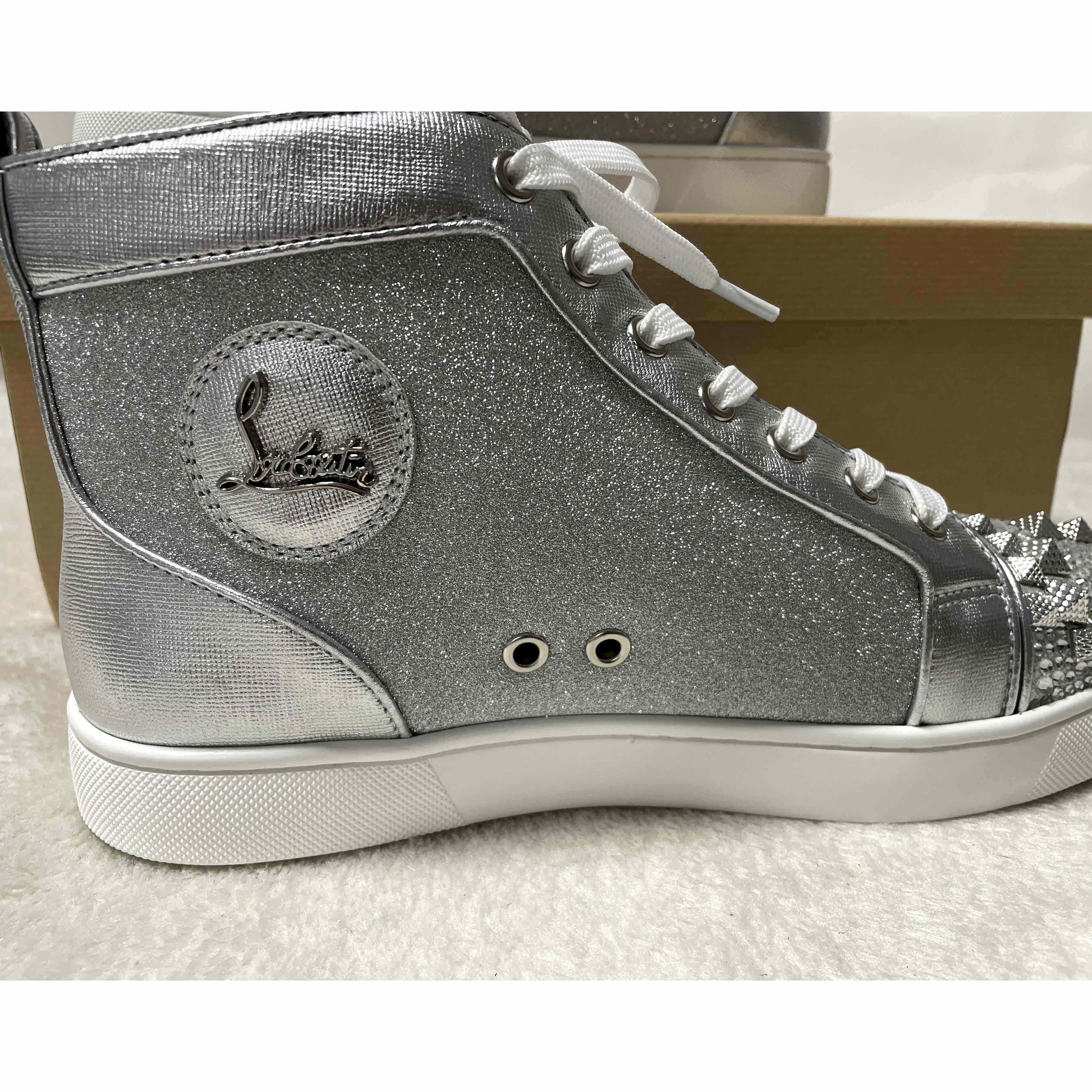 Christian Louboutin Men's Studded Metallic Leather High-Top Sneakers - EUR FASHION