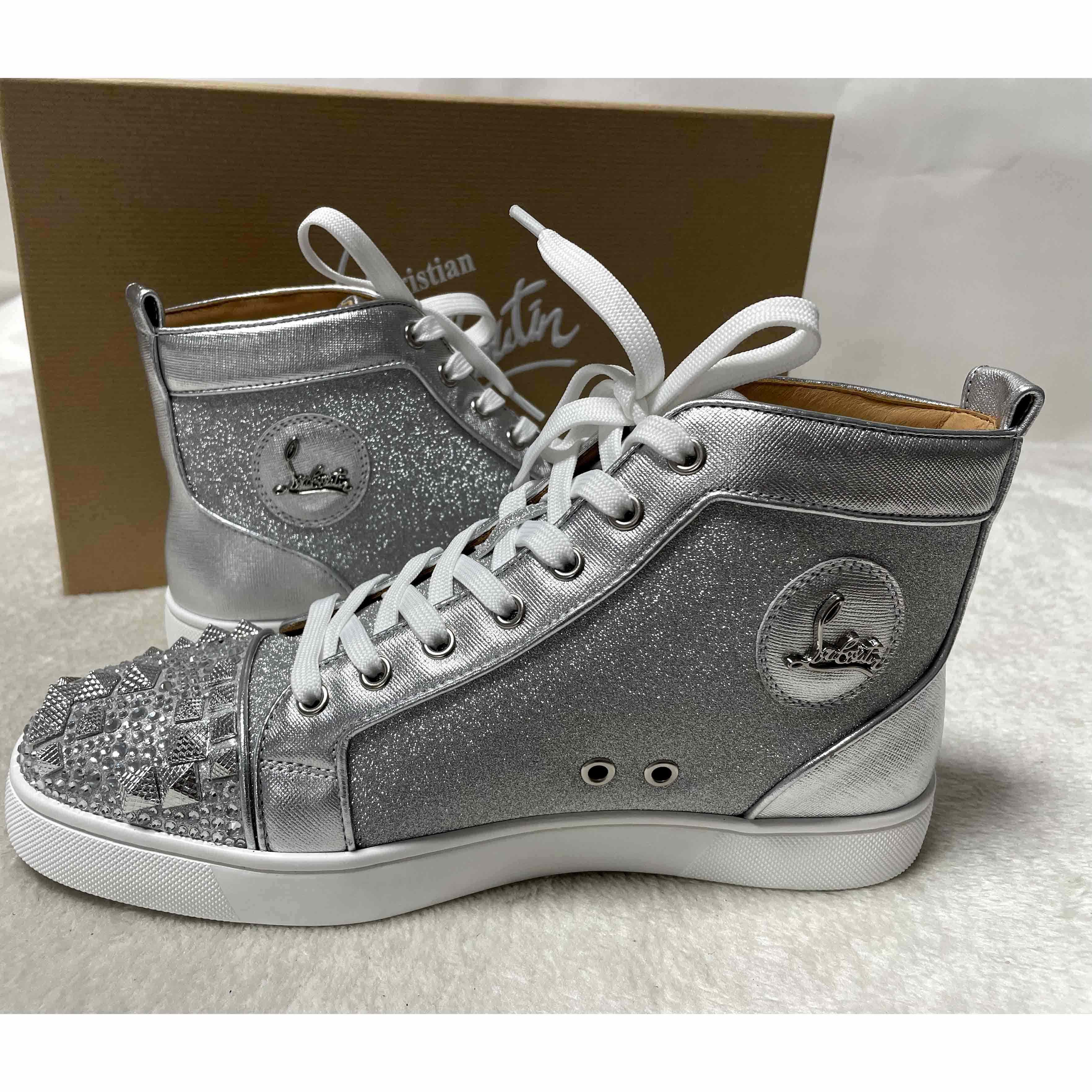 Christian Louboutin Men's Studded Metallic Leather High-Top Sneakers - EUR FASHION