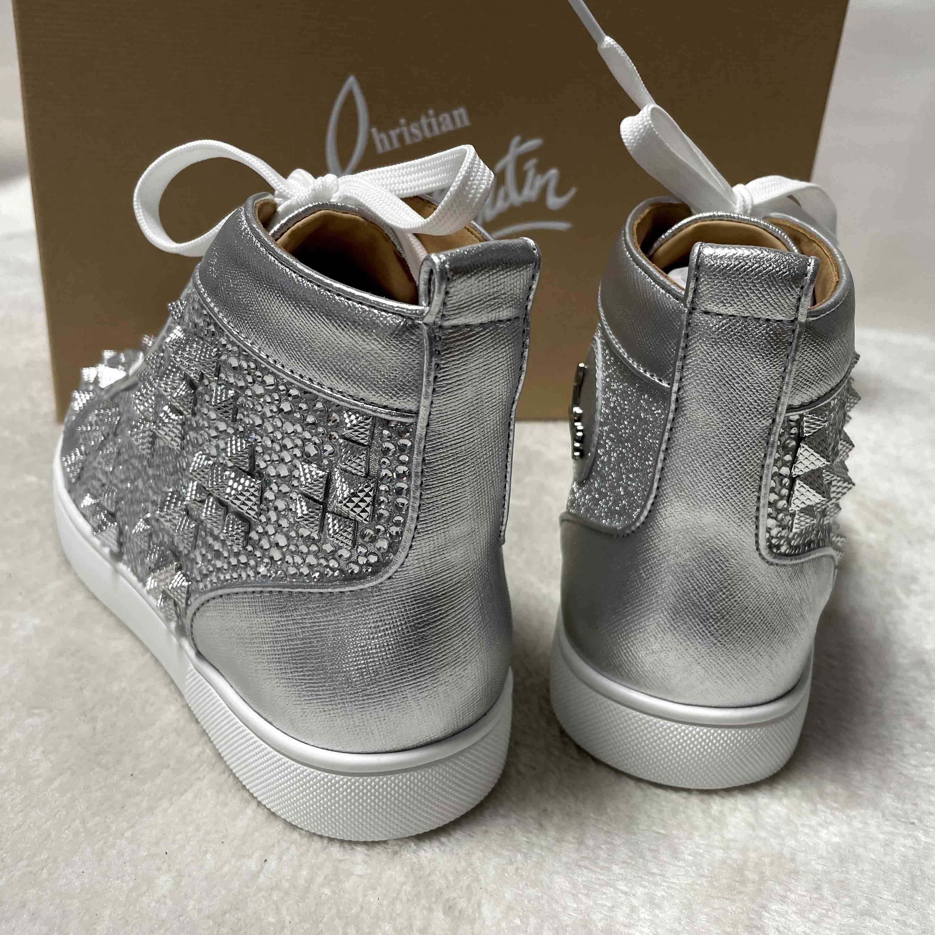 Christian Louboutin Men's Studded Metallic Leather High-Top Sneakers - EUR FASHION