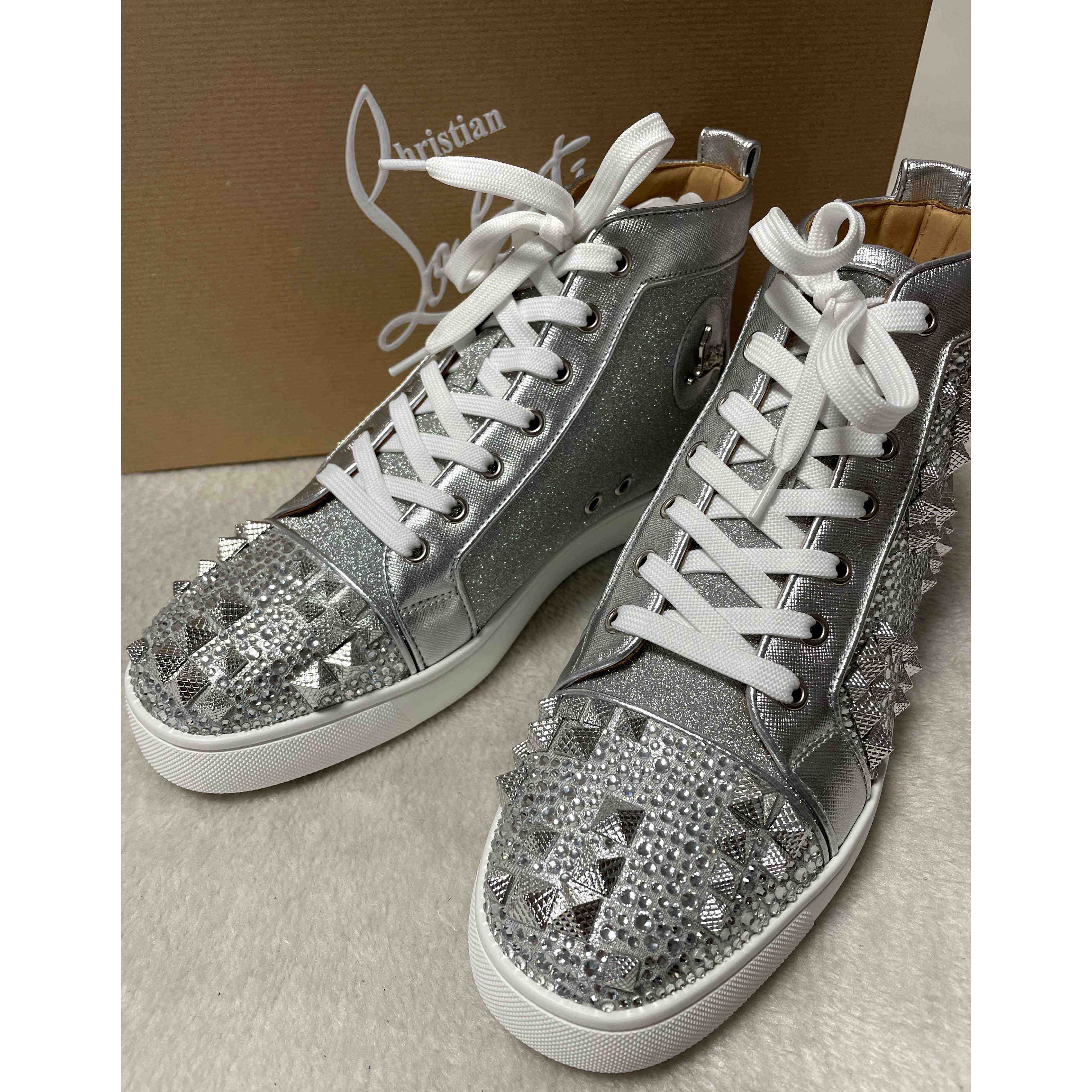 Christian Louboutin Men's Studded Metallic Leather High-Top Sneakers - EUR FASHION