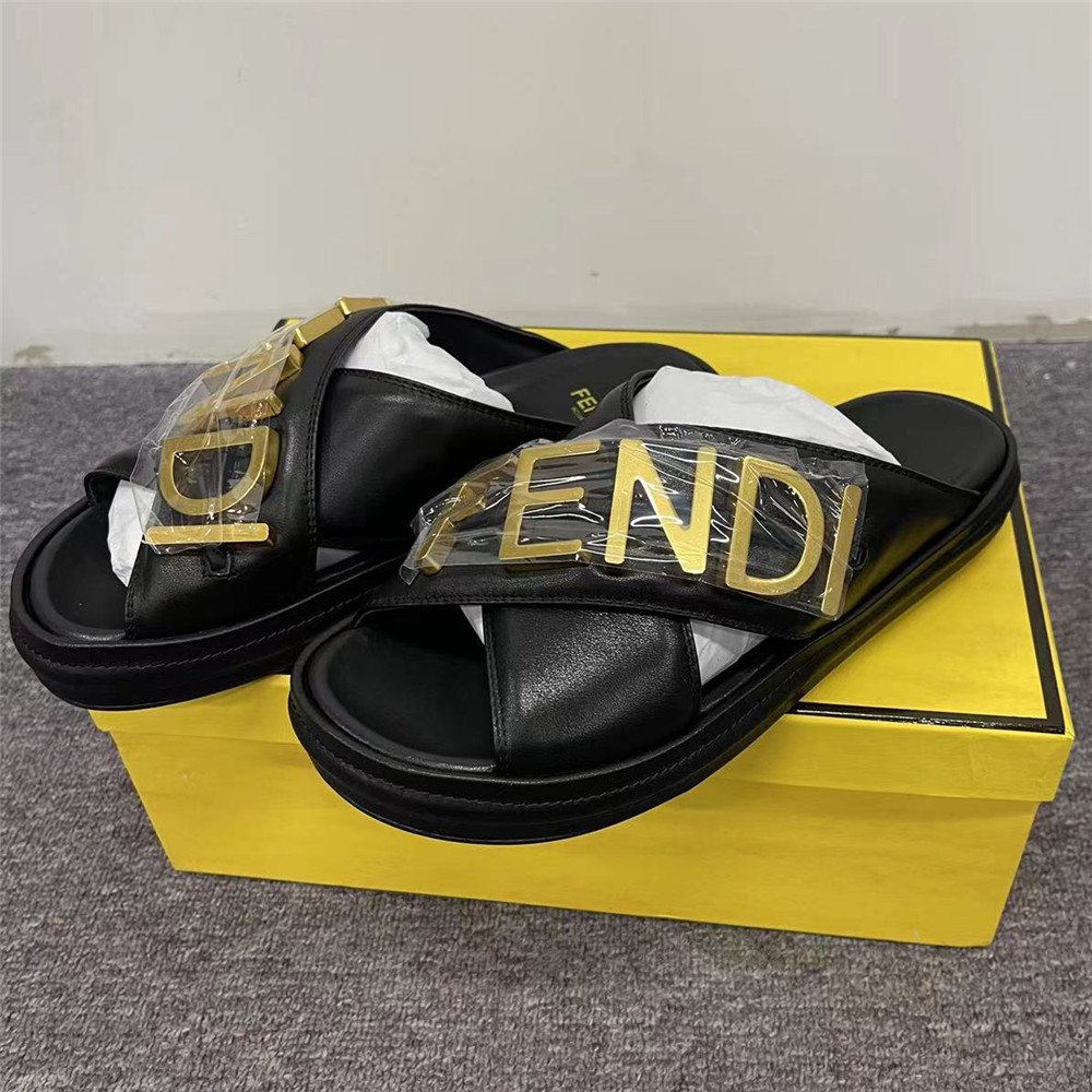 Fendi Graphy Black Leather Slides - EUR FASHION