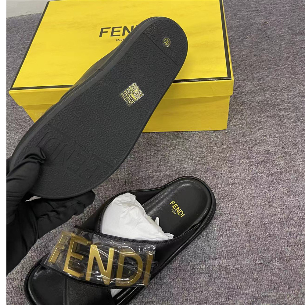 Fendi Graphy Black Leather Slides - EUR FASHION