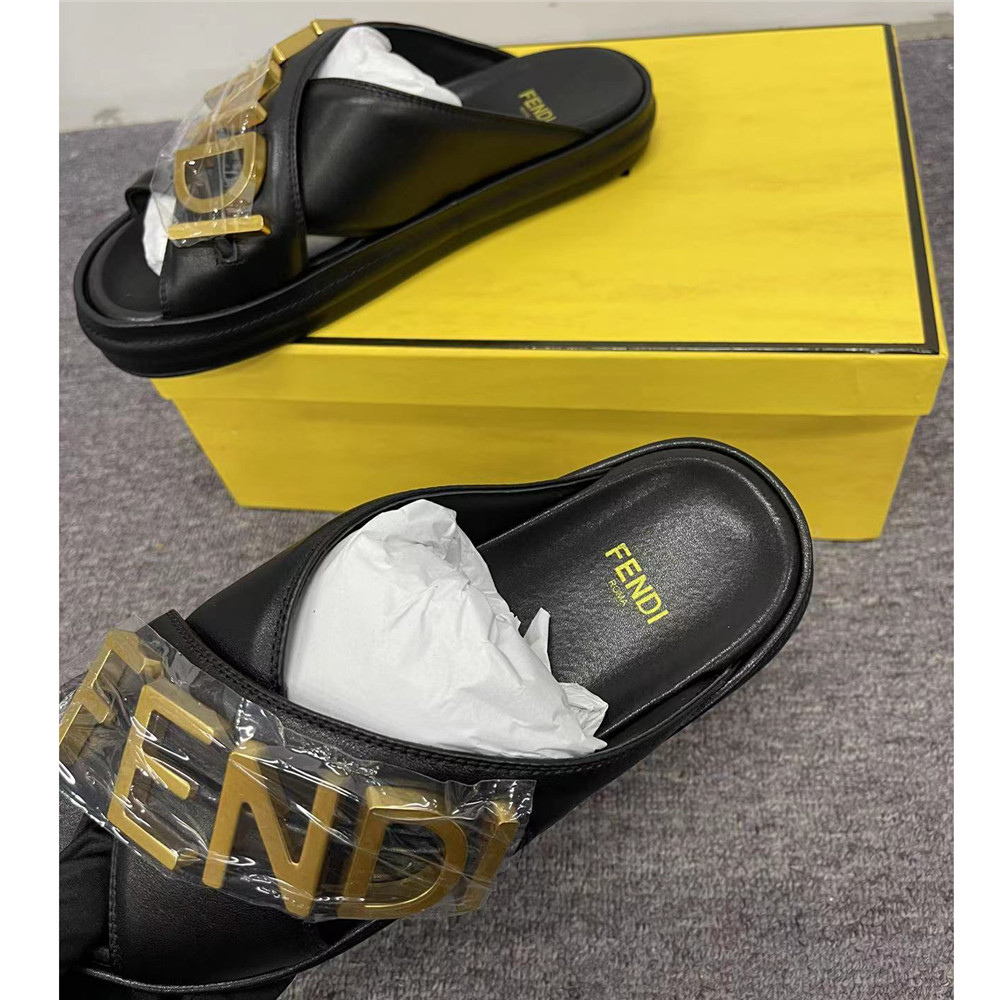 Fendi Graphy Black Leather Slides - EUR FASHION