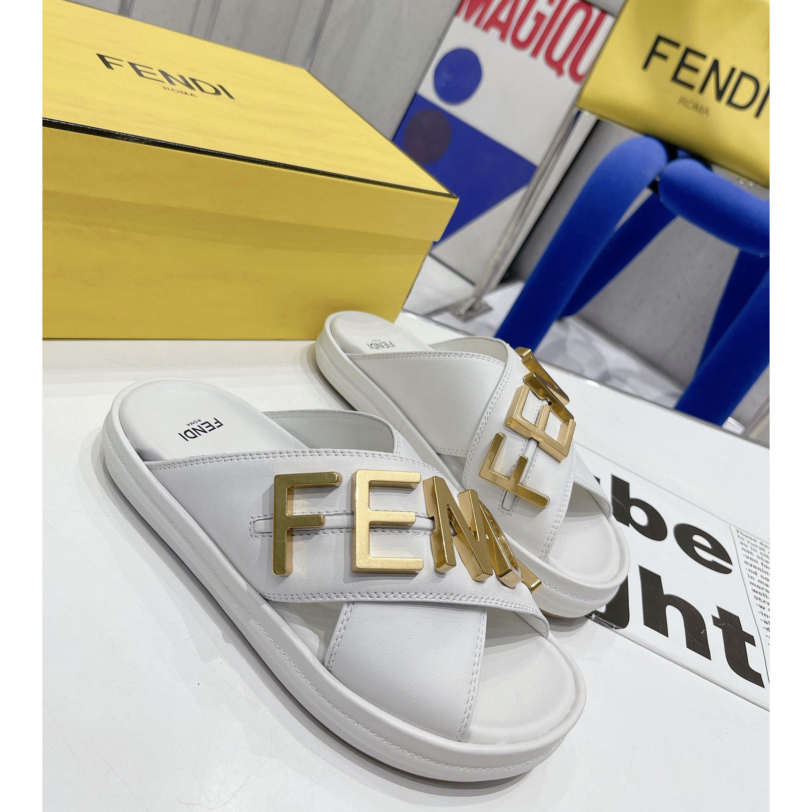 Fendi Graphy White Leather Slides - EUR FASHION