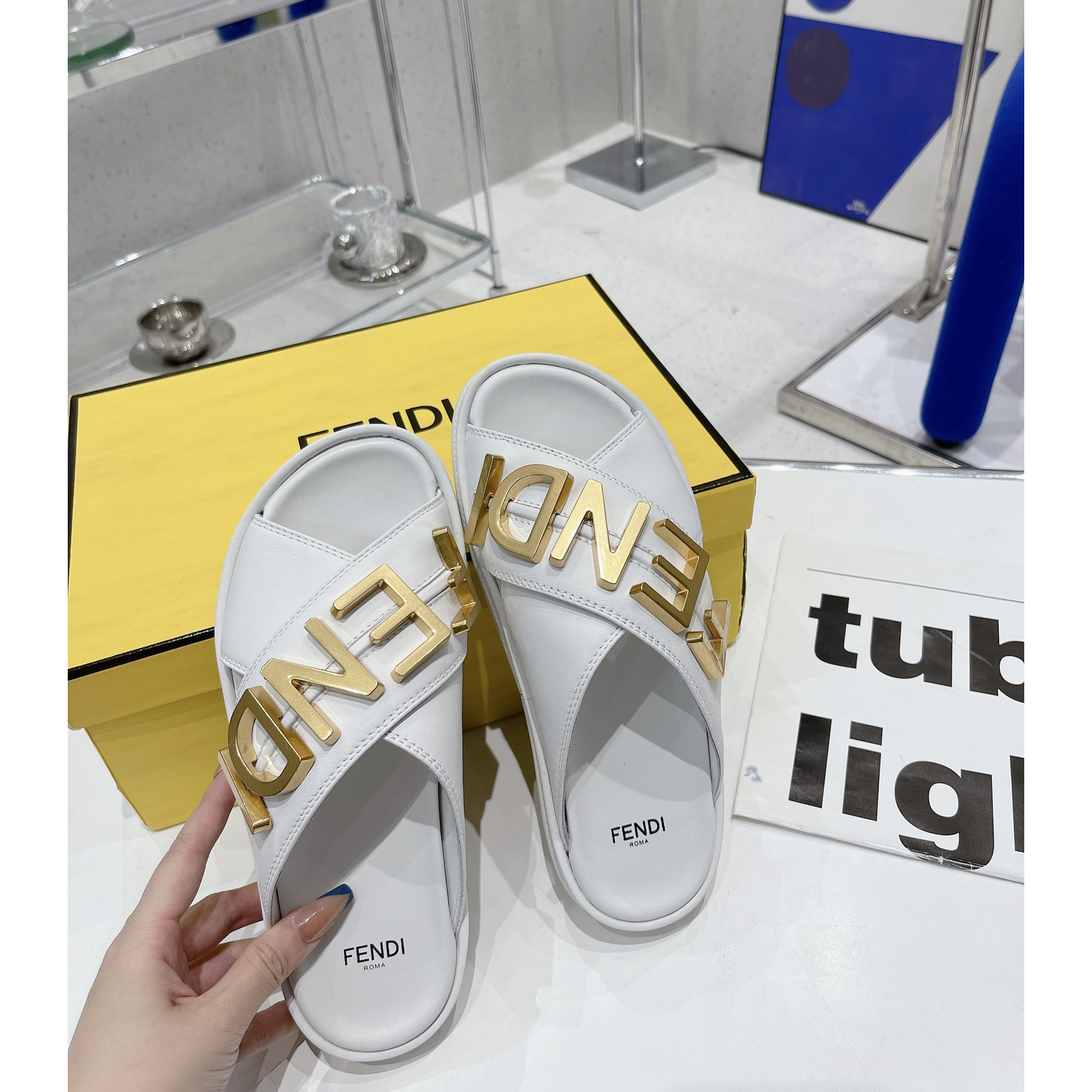 Fendi Graphy White Leather Slides - EUR FASHION