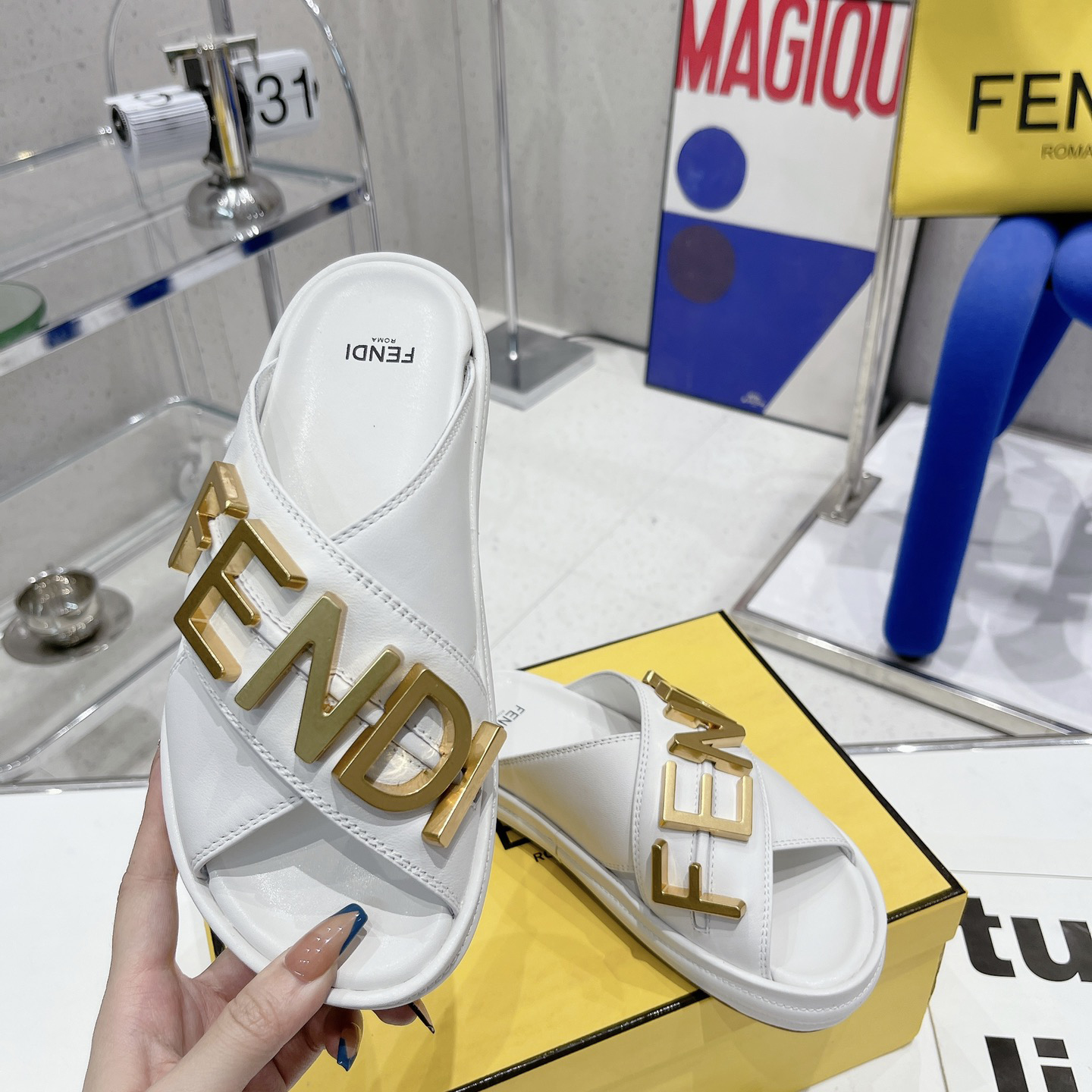 Fendi Graphy White Leather Slides - EUR FASHION