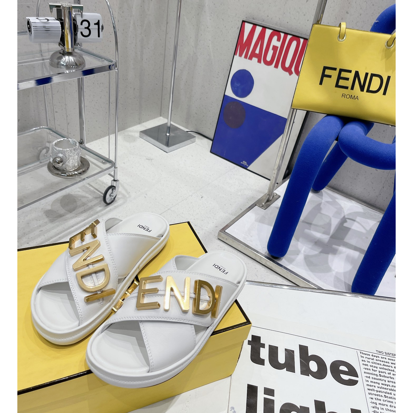 Fendi Graphy White Leather Slides - EUR FASHION