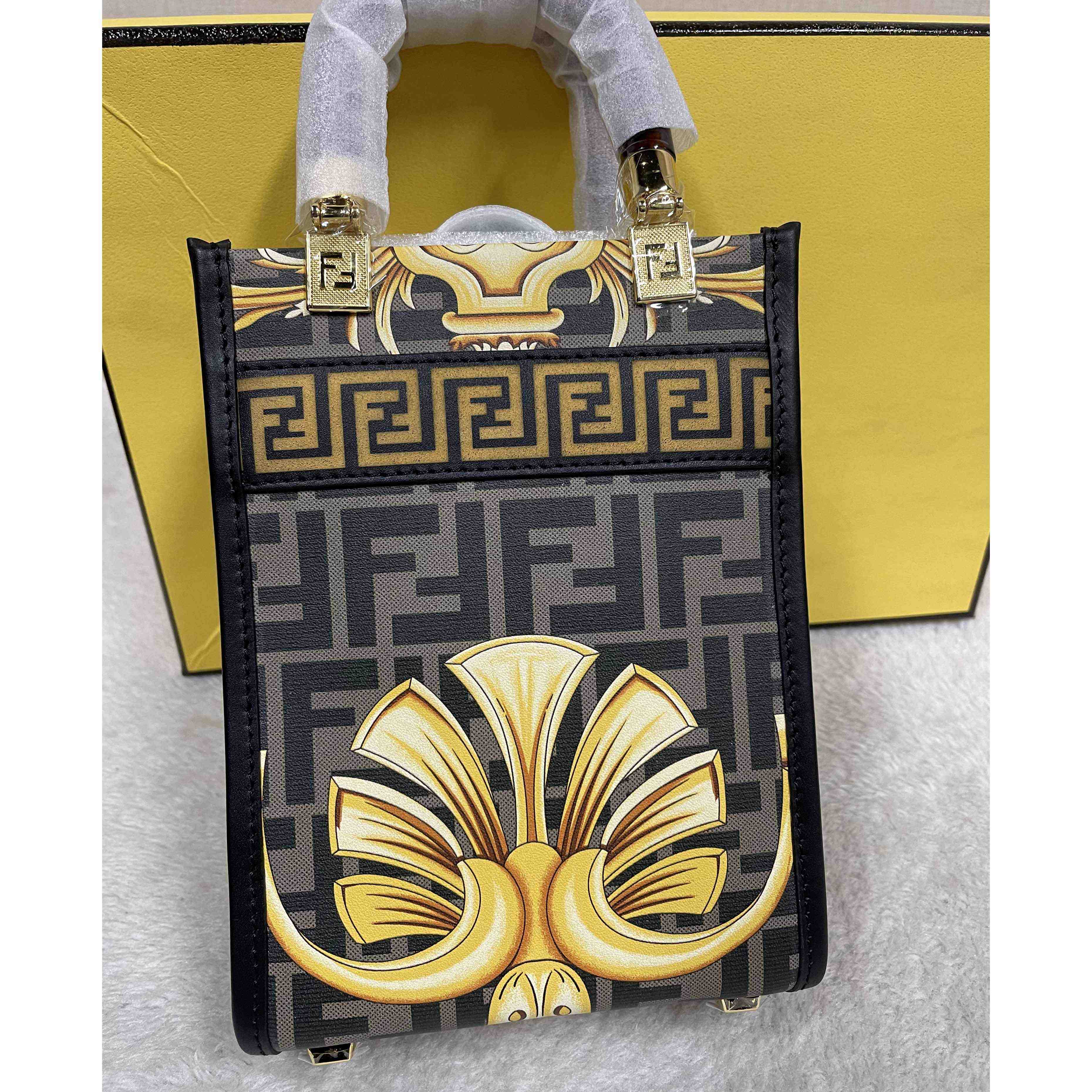 Versace x Fendi Mini Sunshine Shopper Fendace Printed White Leather Mini Bag(13-18-6.5cm) - EUR FASHION