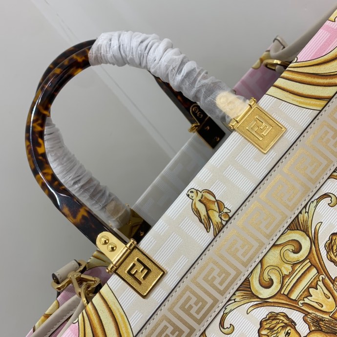 Versace x Fendi Sunshine Medium Fendace Printed White Leather Shopper(35-31-17cm) - EUR FASHION