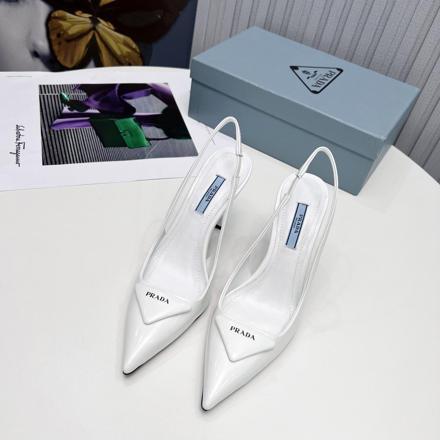 Prada Brushed Leather Slingback Pumps In White - EUR FASHION