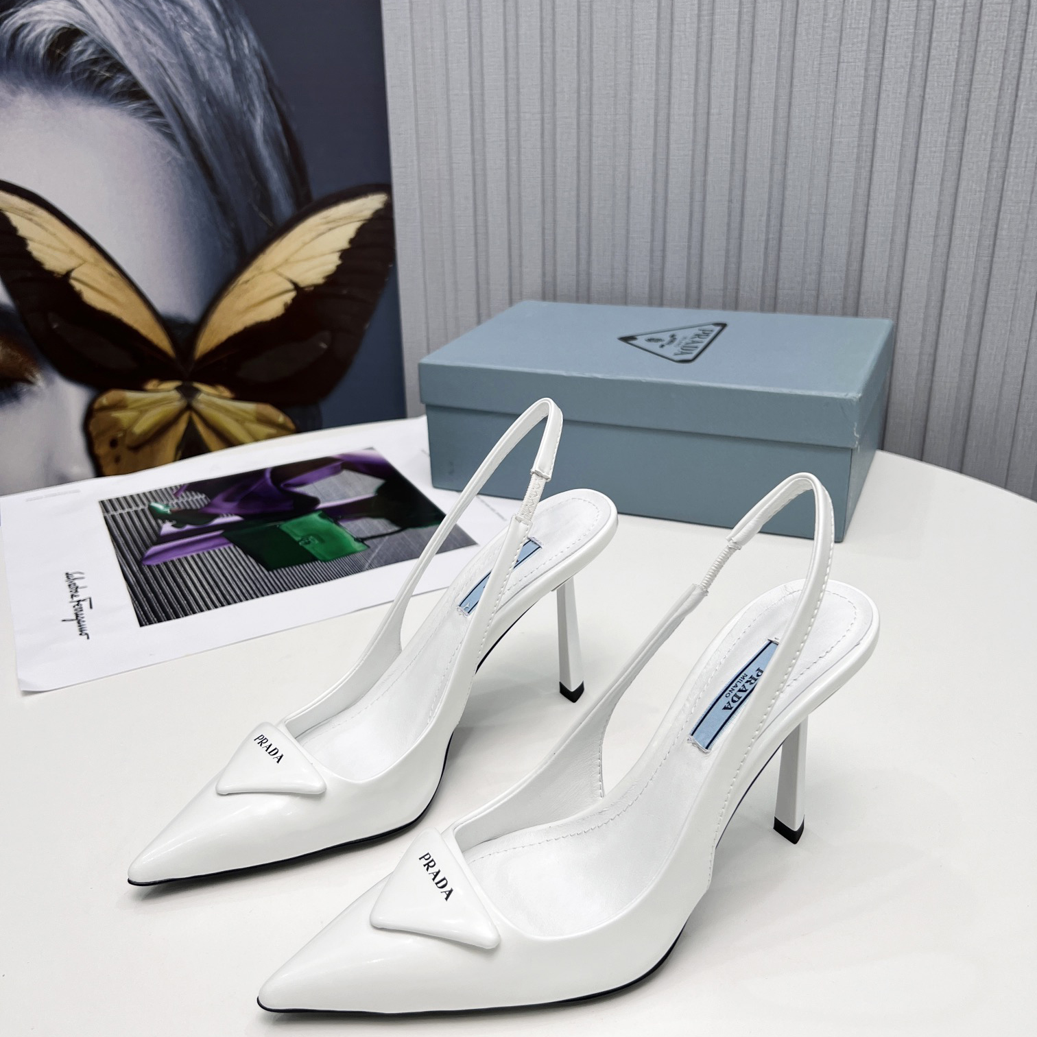 Prada Brushed Leather Slingback Pumps In White - EUR FASHION