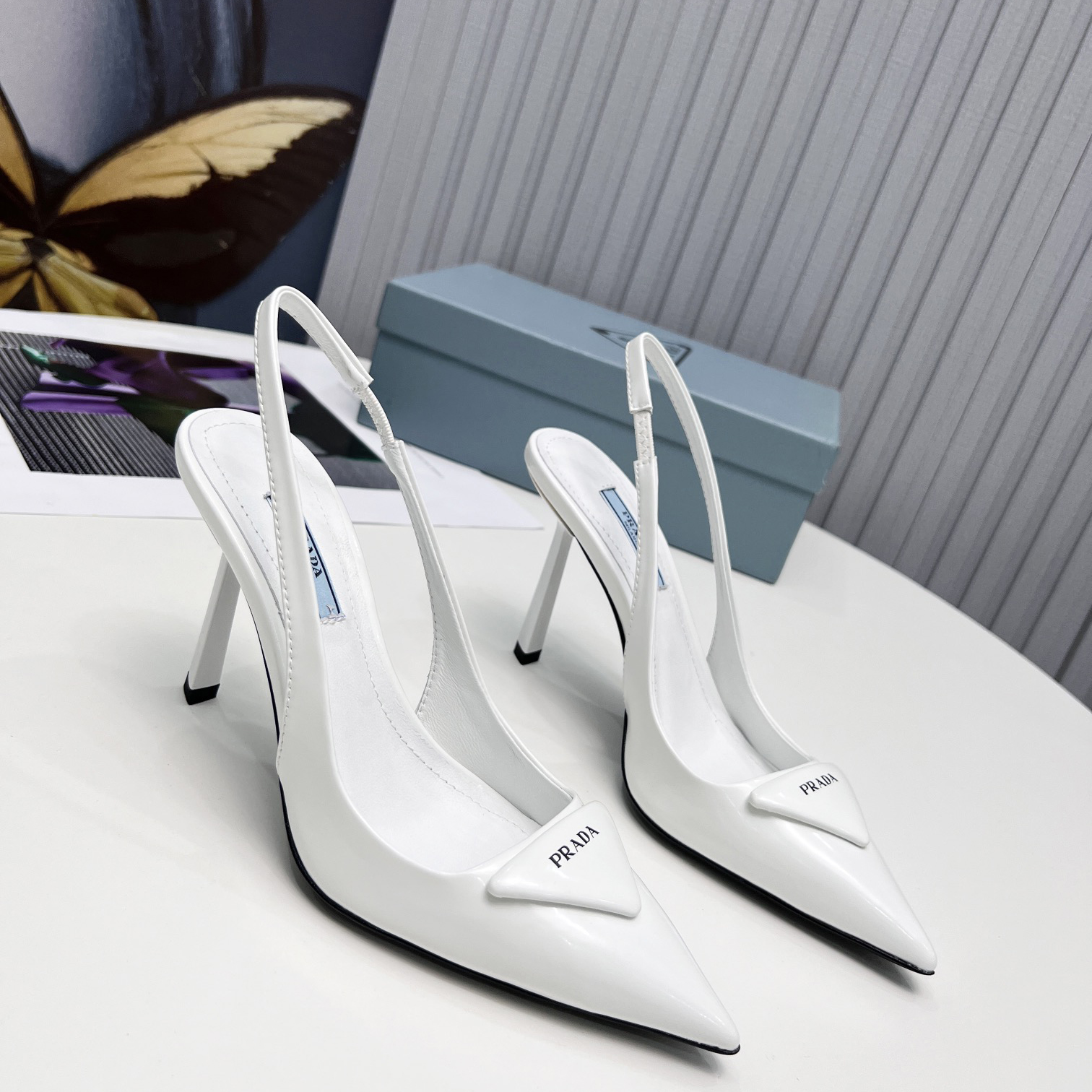 Prada Brushed Leather Slingback Pumps In White - EUR FASHION