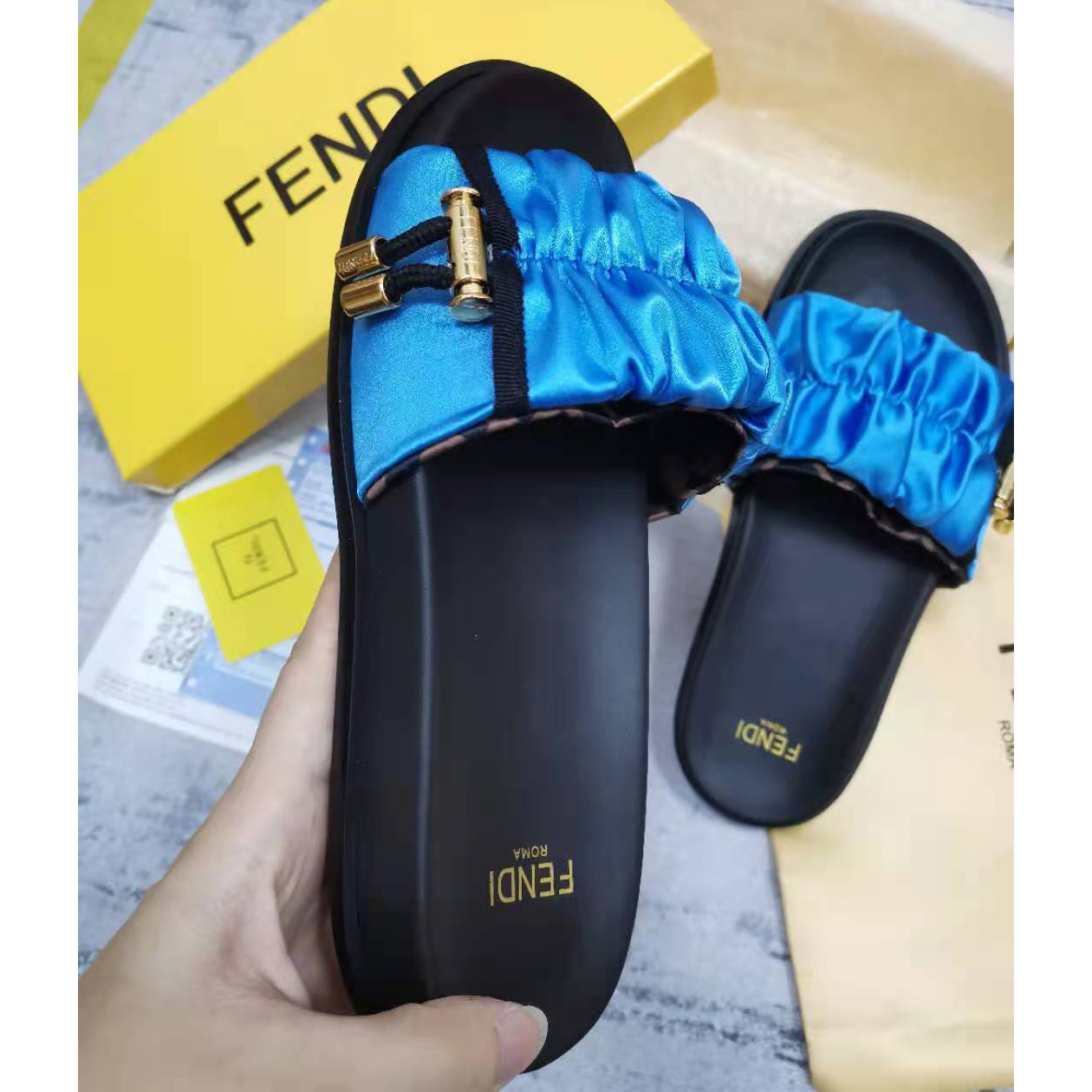 Fendi Fendi Feel Blue Satin Slides - EUR FASHION