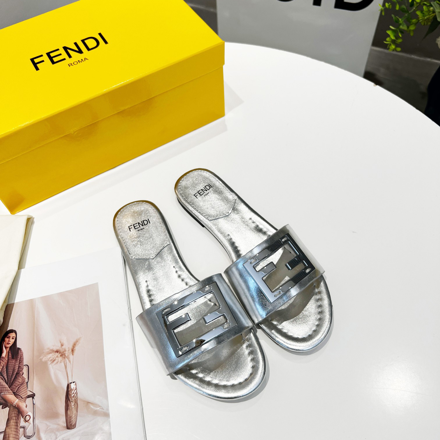 Fendi Baguette Silver Nappa Leather Slides - EUR FASHION