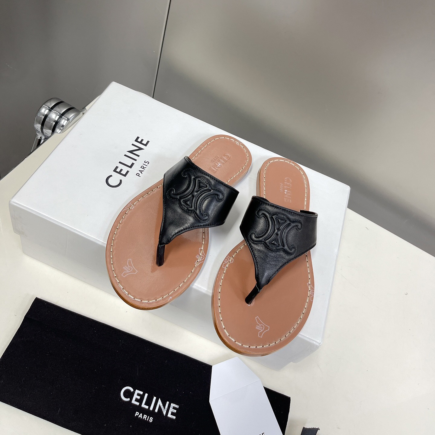 Celine Triomphe Flat Thong In Calfskin Black - EUR FASHION