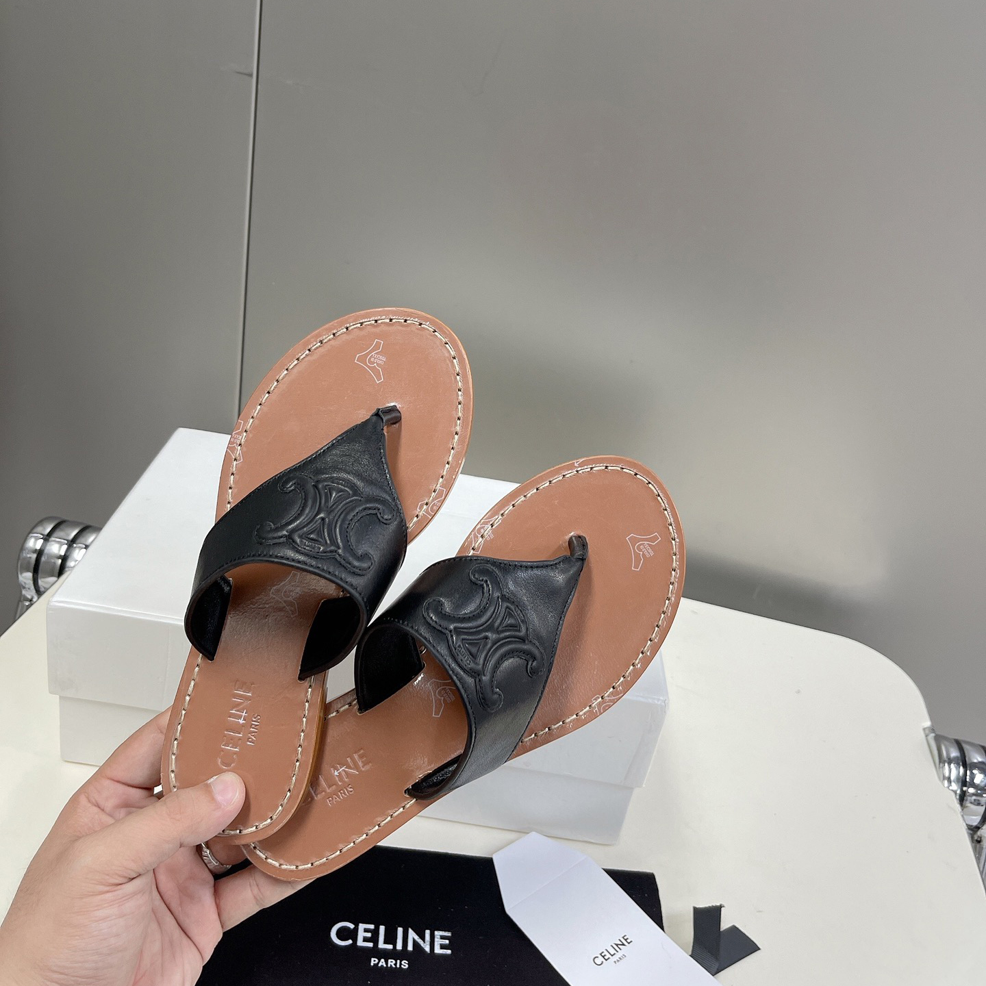 Celine Triomphe Flat Thong In Calfskin Black - EUR FASHION