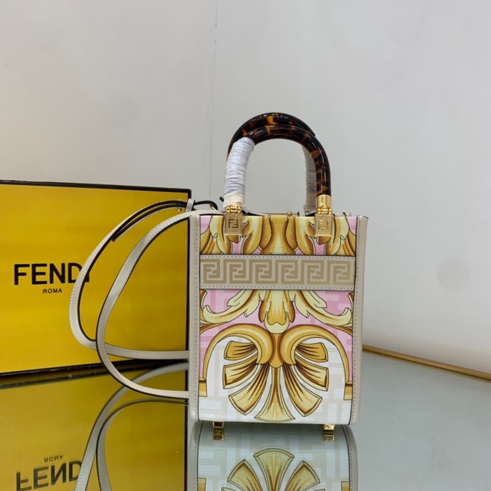 Versace x Fendi Mini Sunshine Shopper Fendace Printed White Leather Mini Bag(13-18-6.5cm) - EUR FASHION