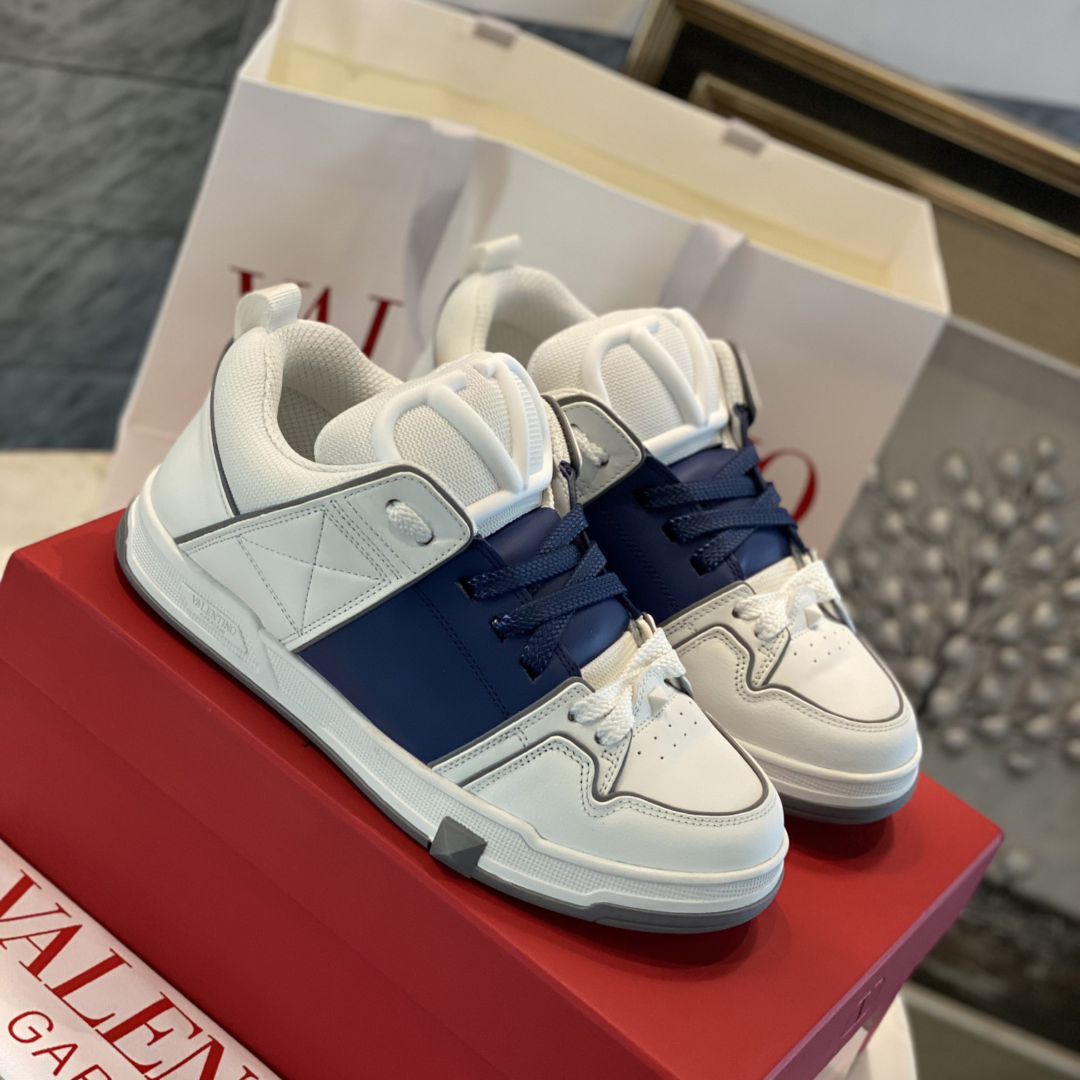 Valenti Open Skate Calfskin And Fabric Sneaker In White/Blue - EUR FASHION