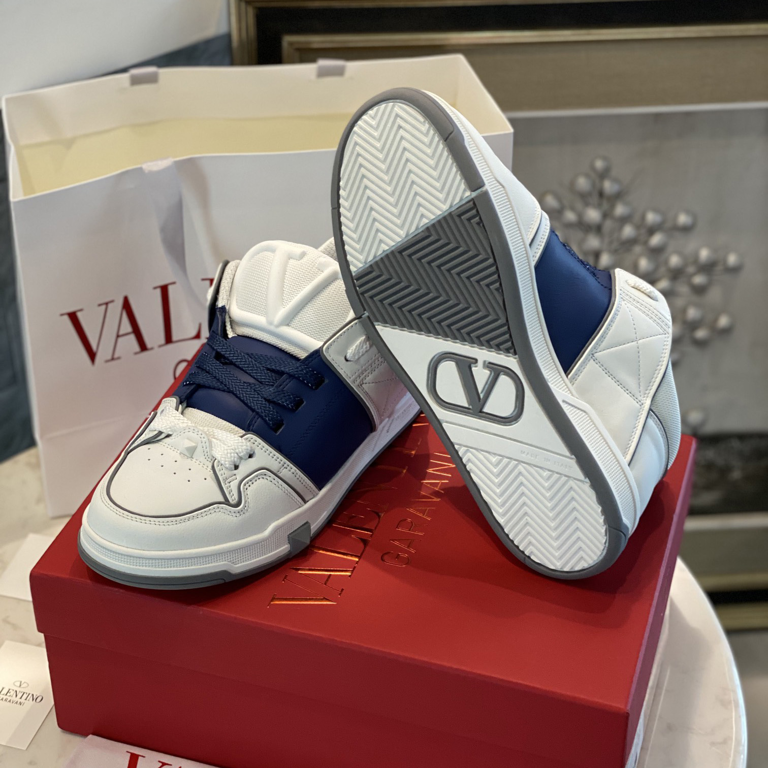 Valenti Open Skate Calfskin And Fabric Sneaker In White/Blue - EUR FASHION