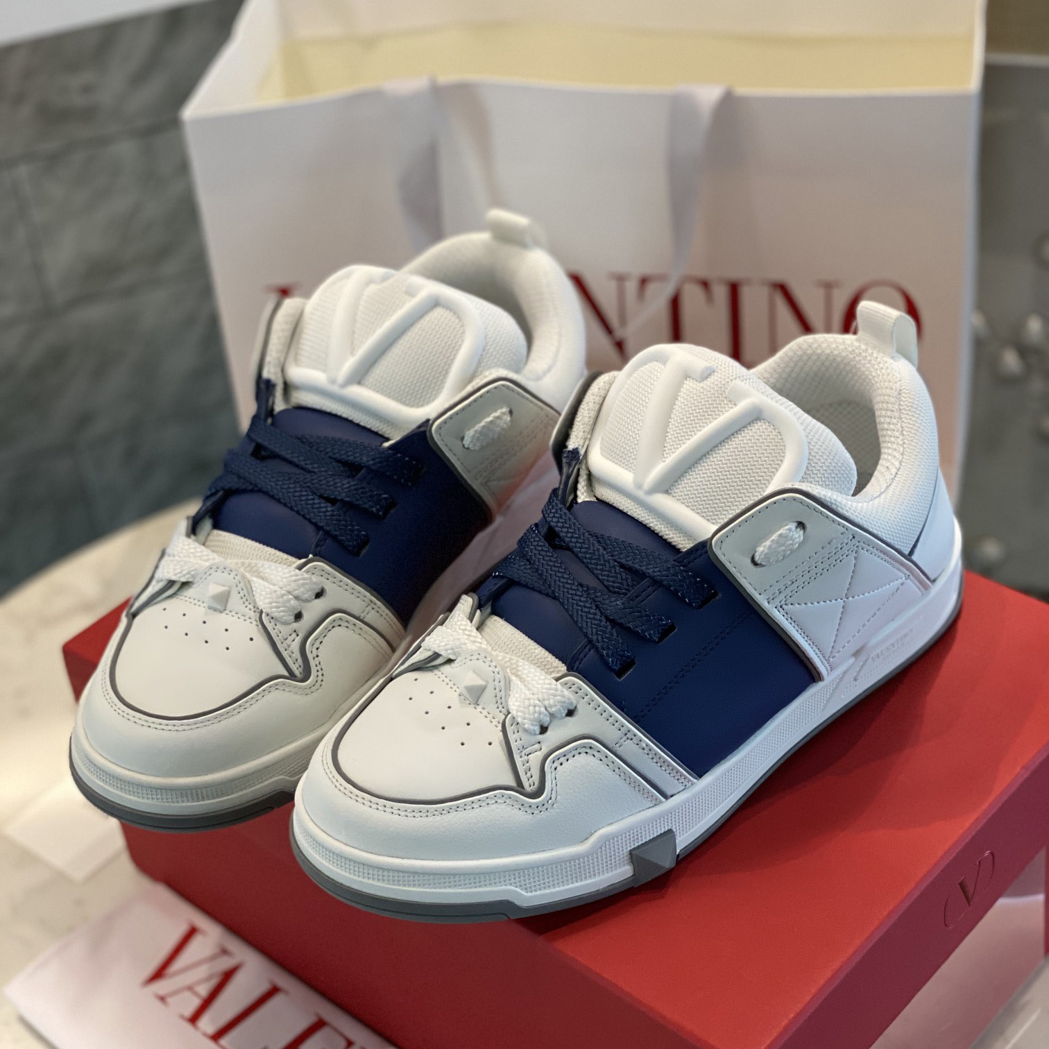 Valenti Open Skate Calfskin And Fabric Sneaker In White/Blue - EUR FASHION