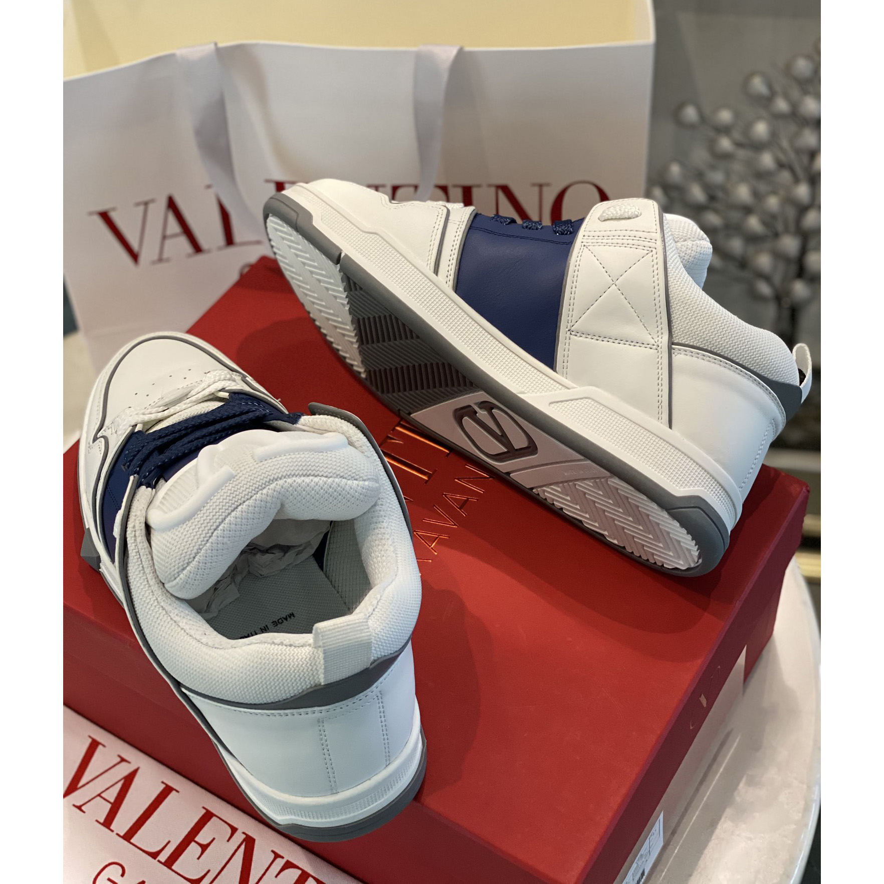 Valenti Open Skate Calfskin And Fabric Sneaker In White/Blue - EUR FASHION