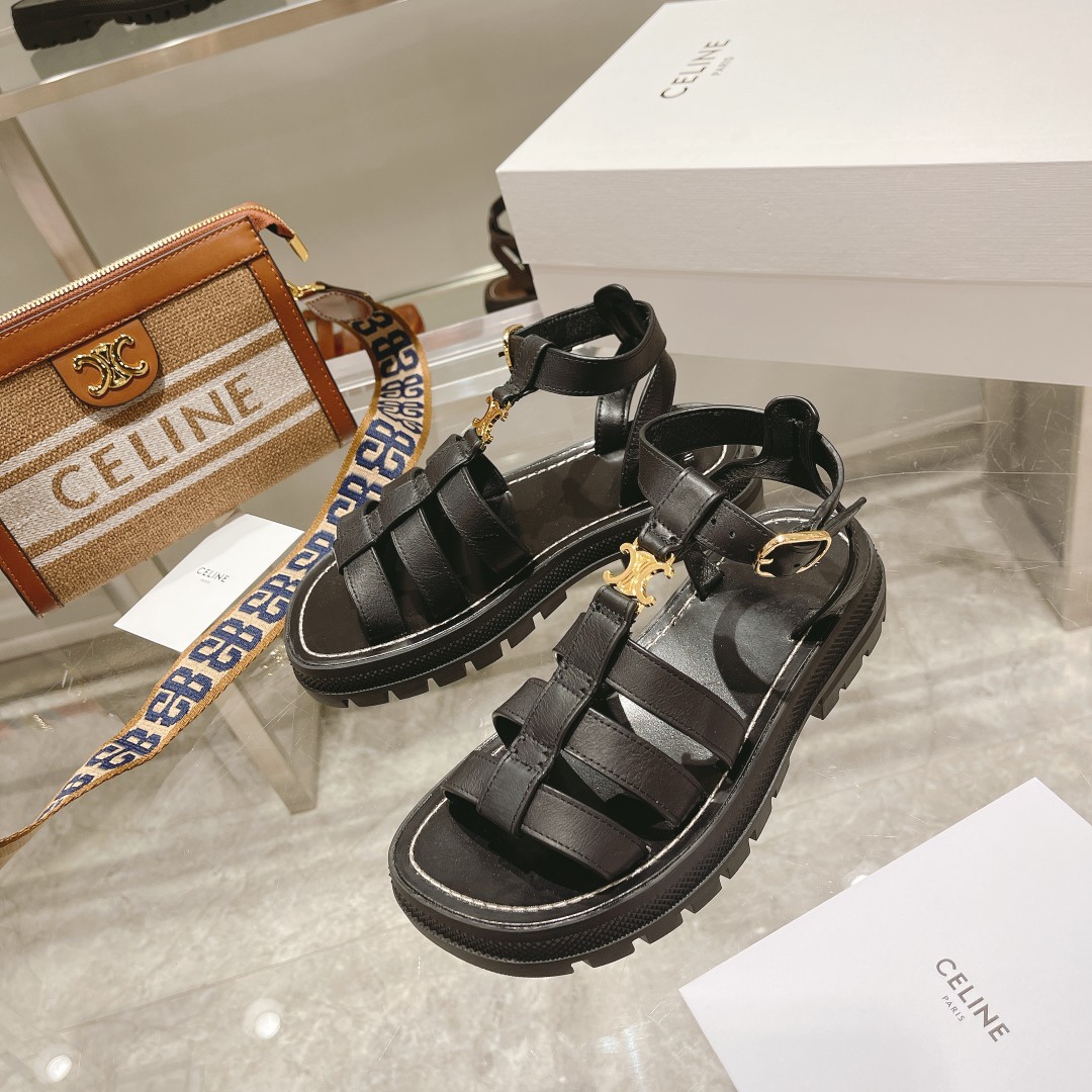 Celine Clea Triomphe Gladiator Chunky Sandal In Black - EUR FASHION