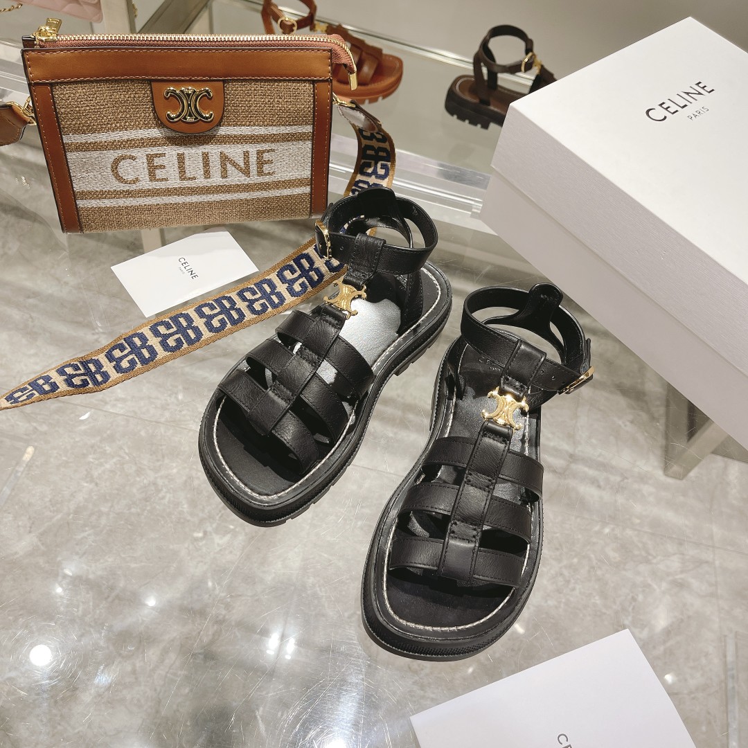 Celine Clea Triomphe Gladiator Chunky Sandal In Black - EUR FASHION