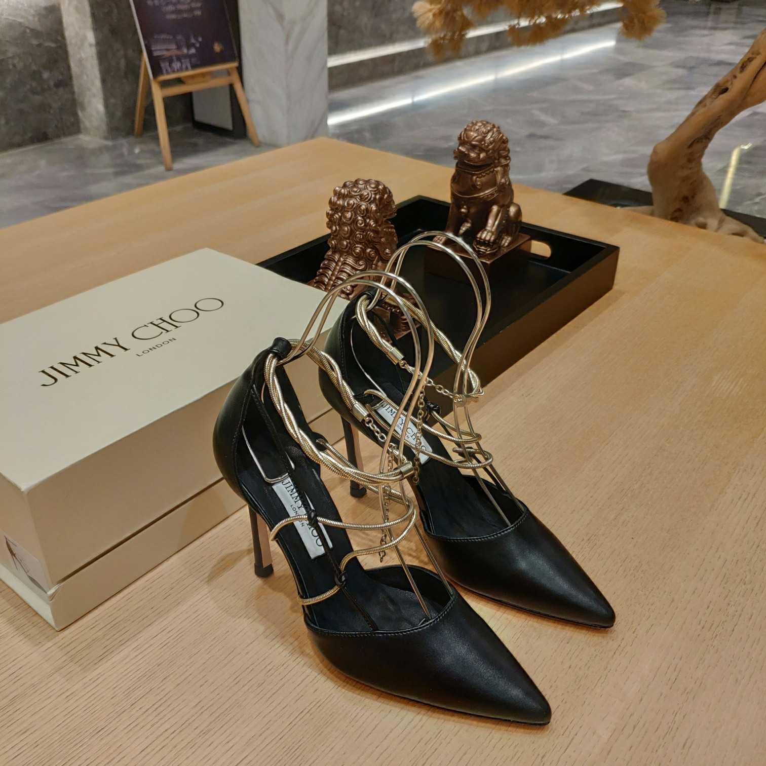 Jimmy Choo Olesia 95 Black Nappa Pumps With Gold Chains - EUR FASHION