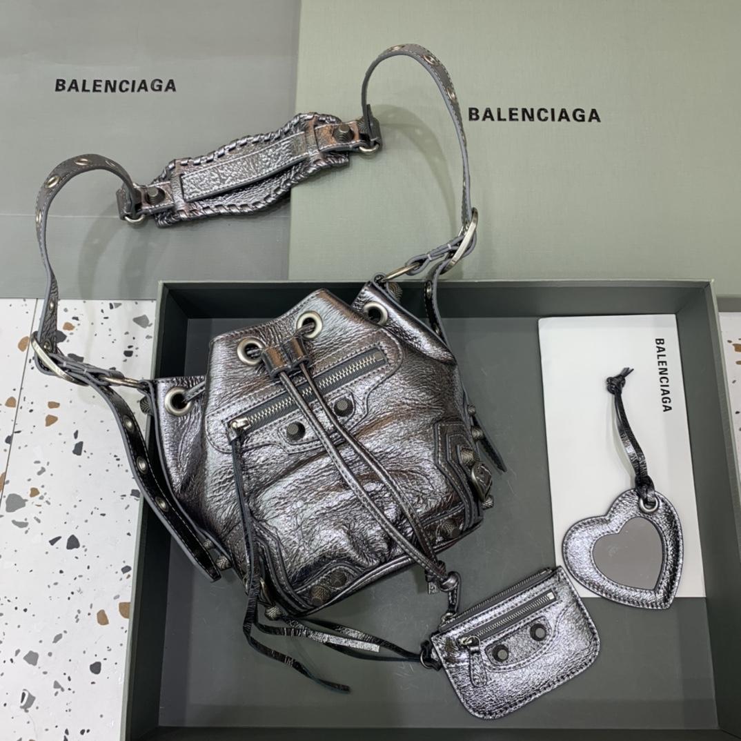 Balenciaga Le Cagole XS Bucket Bag In Silver Metallized Arena Lambskin, Aged-Silver Hardware With White Rhinestones(15-19.8-17.8cm) - EUR FASHION