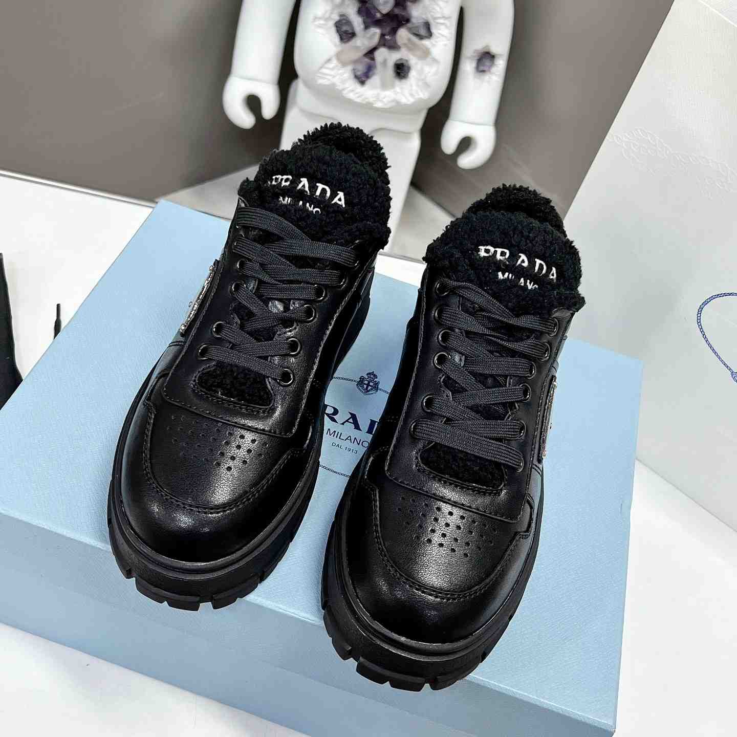 Prada Leather And Shearling Sneakers - EUR FASHION