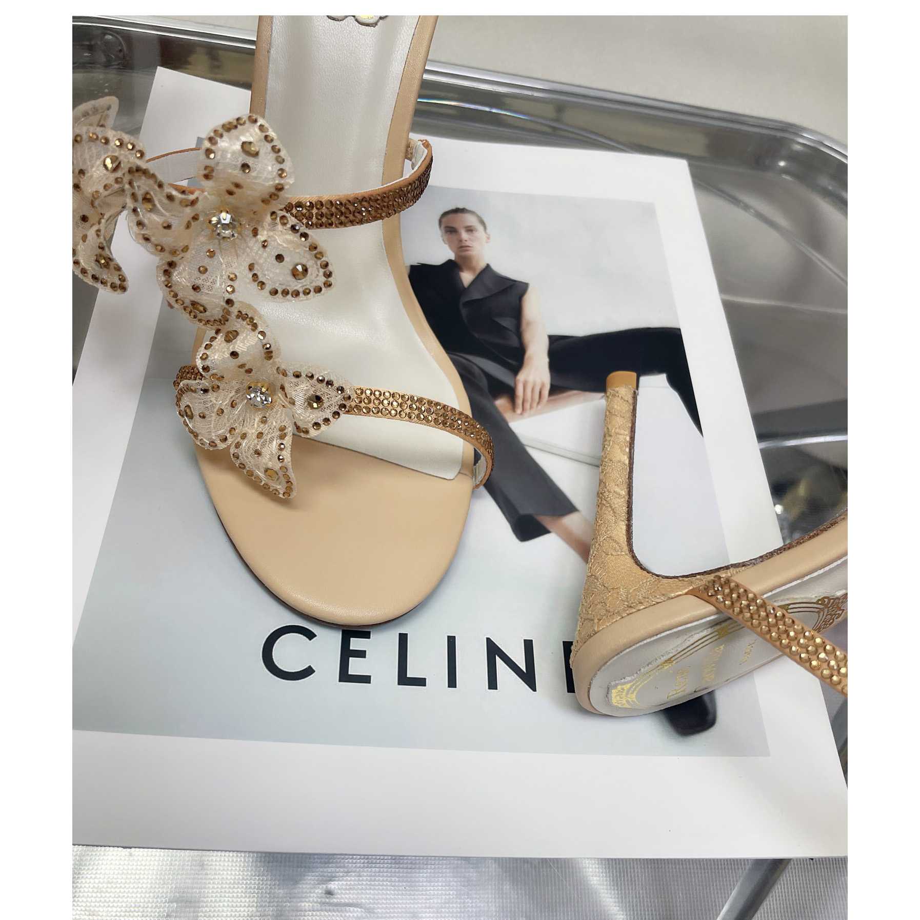 Rene Caovilla Gold Sandals With Flowers Floriane - EUR FASHION