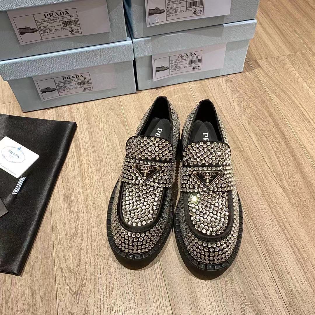 Prada Chocolate Satin Loafers With Crystals - EUR FASHION