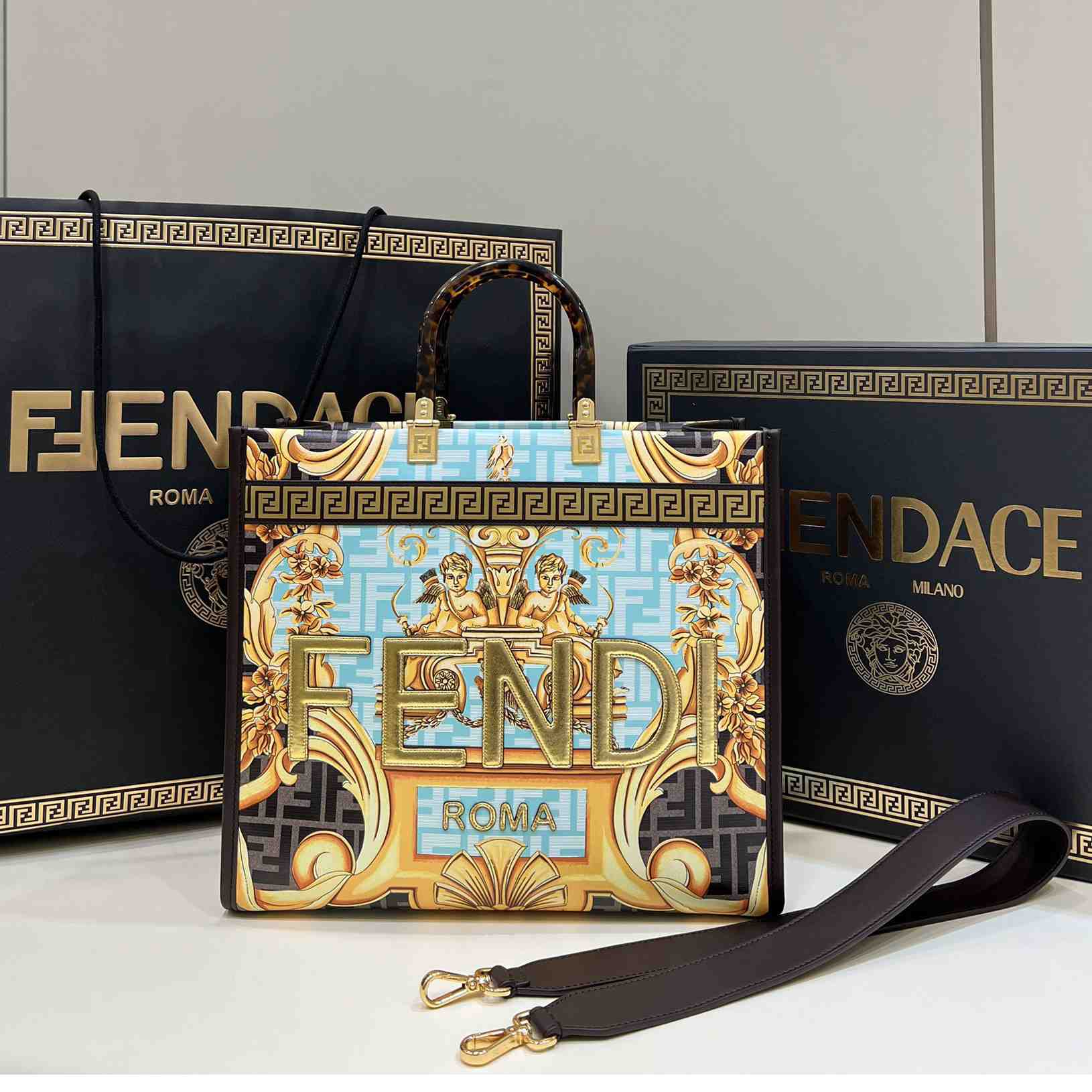 Versace x Fendi Sunshine Fendace Leather Shopper(36-13-32cm) - EUR FASHION