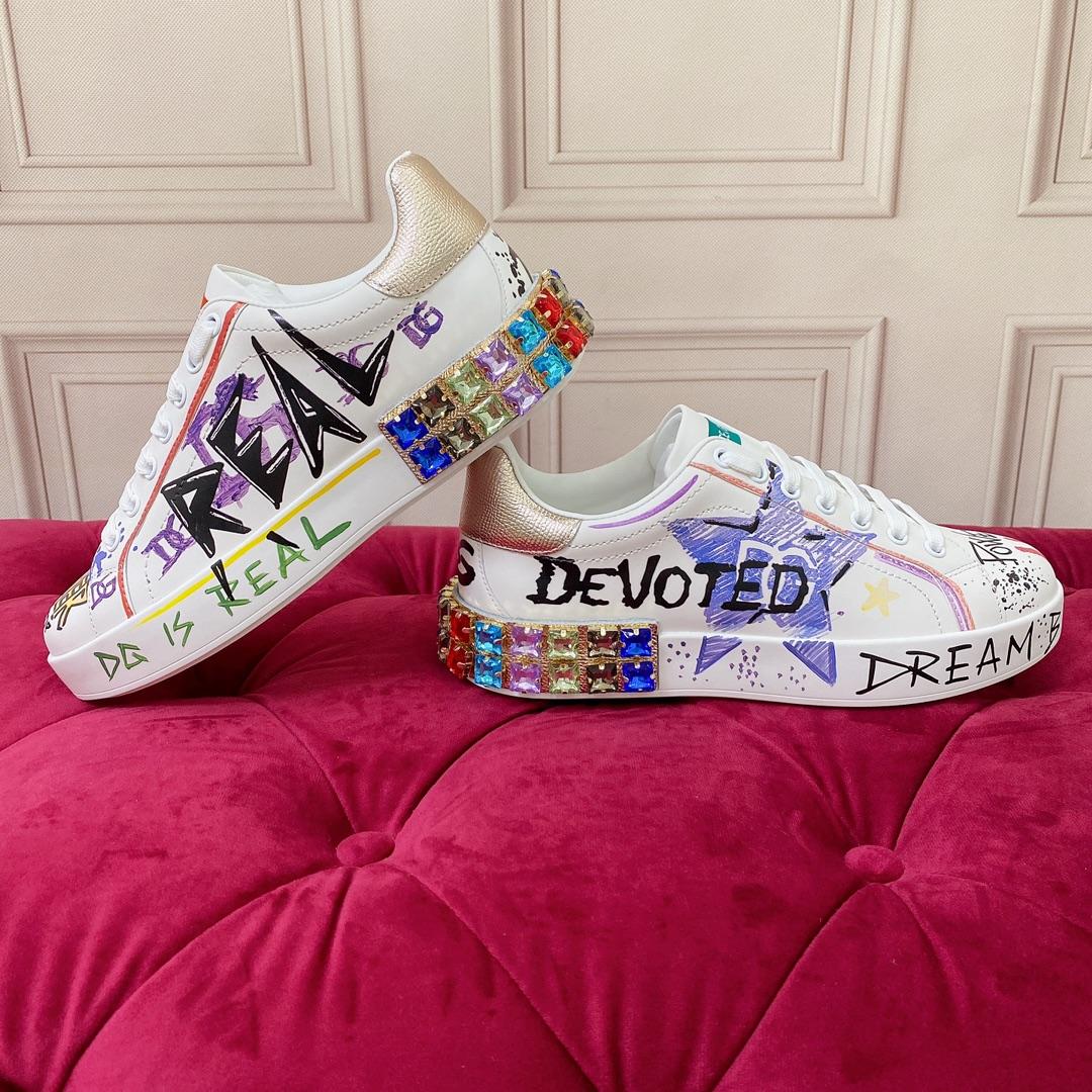 Dolce & Gabbana Calfskin Portofino Sneakers With Embroidery And Lettering - EUR FASHION