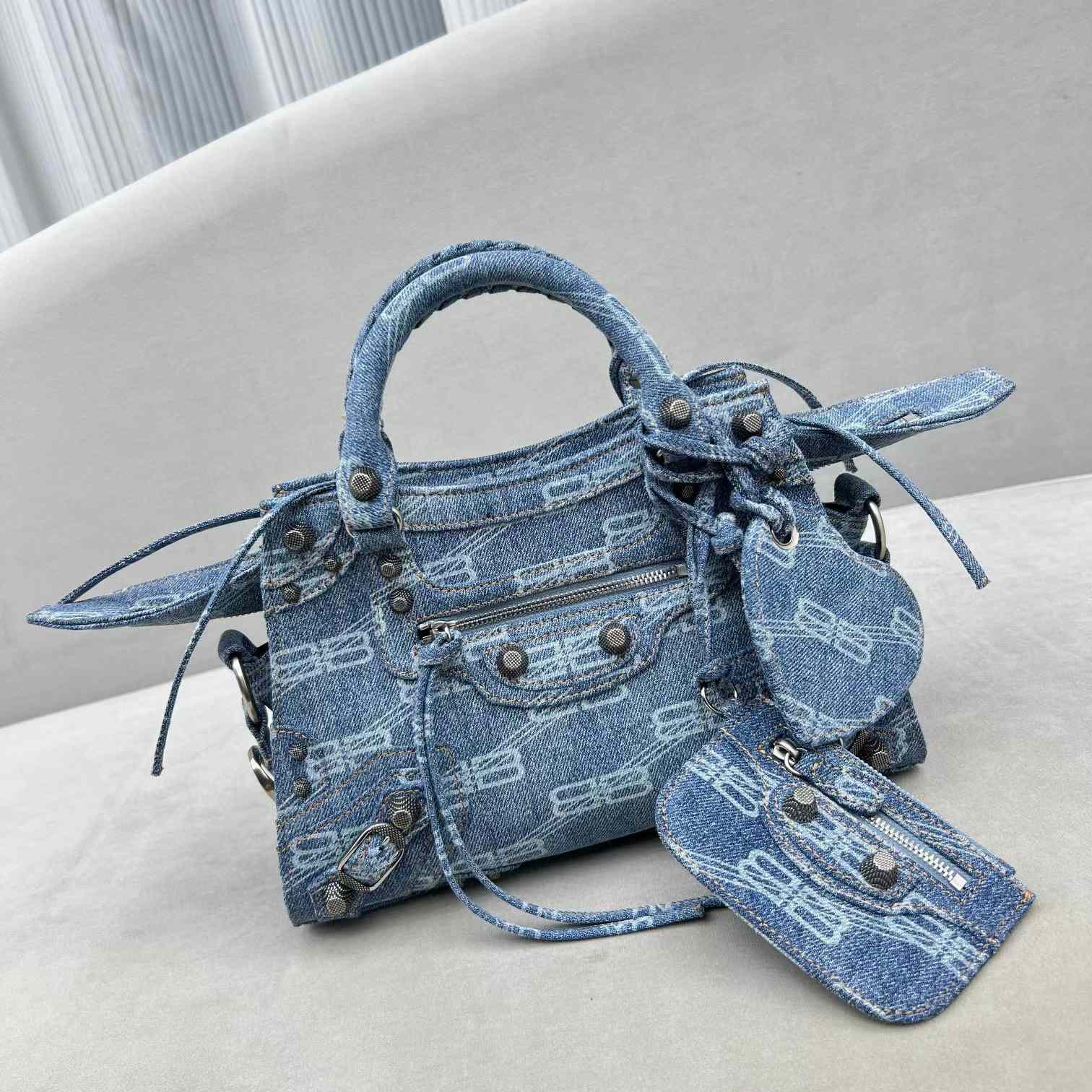 Balenciaga Neo Cagole XS Studded Printed Denim Tote(26-10-17cm) - EUR FASHION