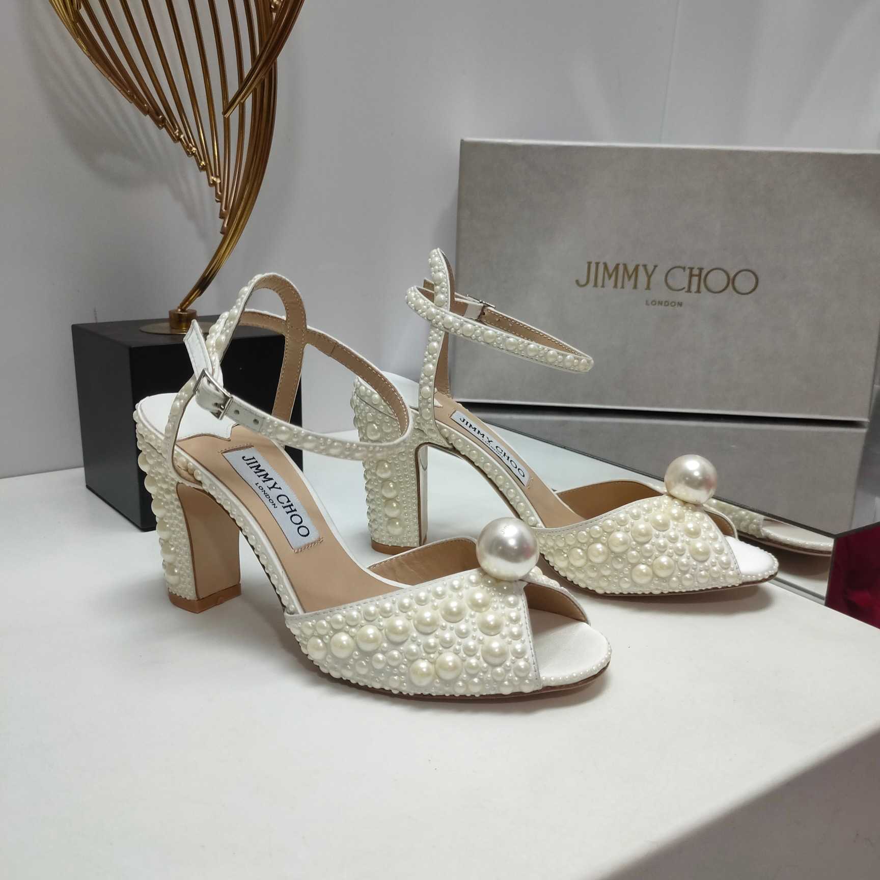 Jimmy Choo Sacaria White Satin Sandals With All-Over Pearl Embellishment - EUR FASHION