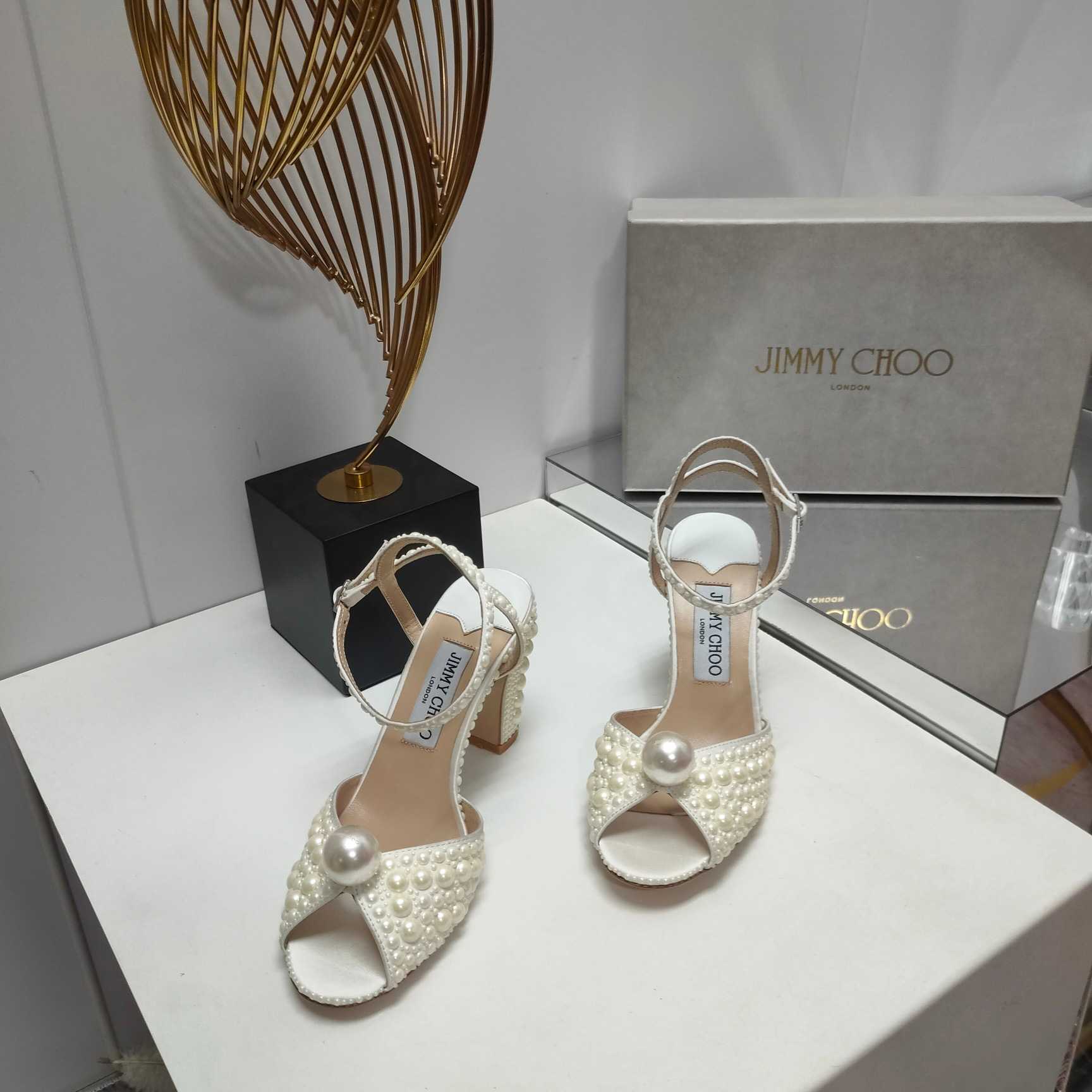 Jimmy Choo Sacaria White Satin Sandals With All-Over Pearl Embellishment - EUR FASHION