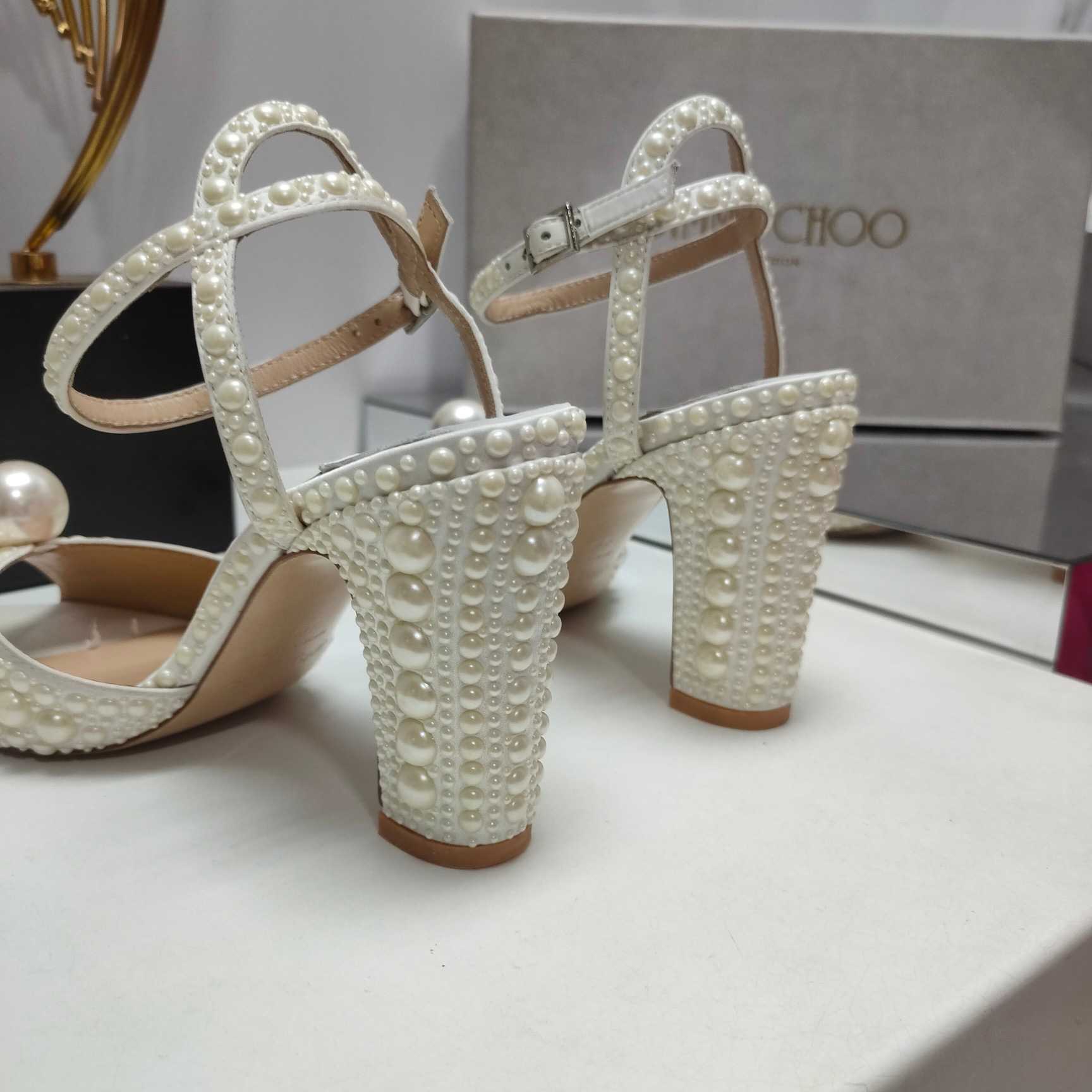 Jimmy Choo Sacaria White Satin Sandals With All-Over Pearl Embellishment - EUR FASHION